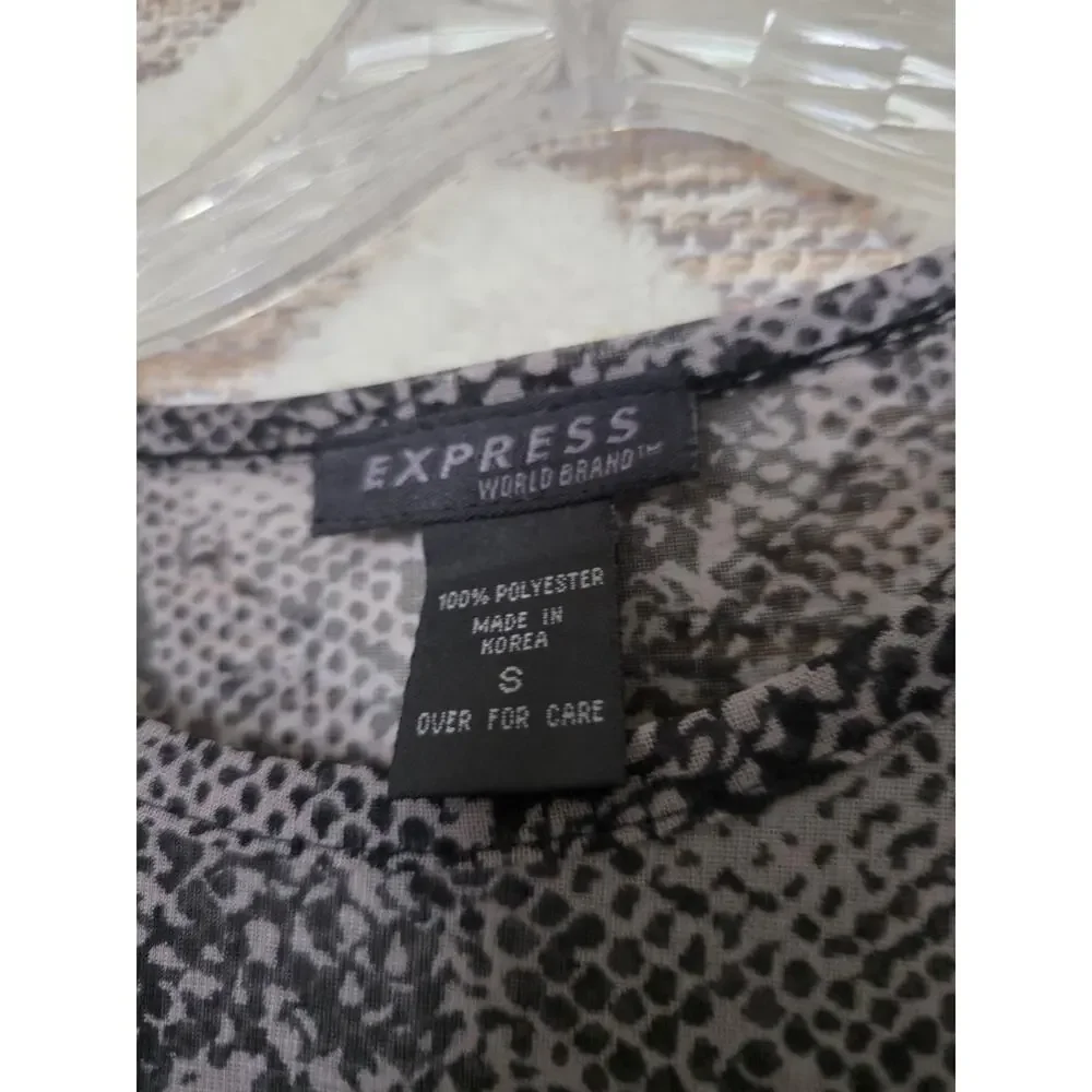 Express Women's Sheer Snake Print Mesh Top Size S Gray Black Long Sleeve Y2K